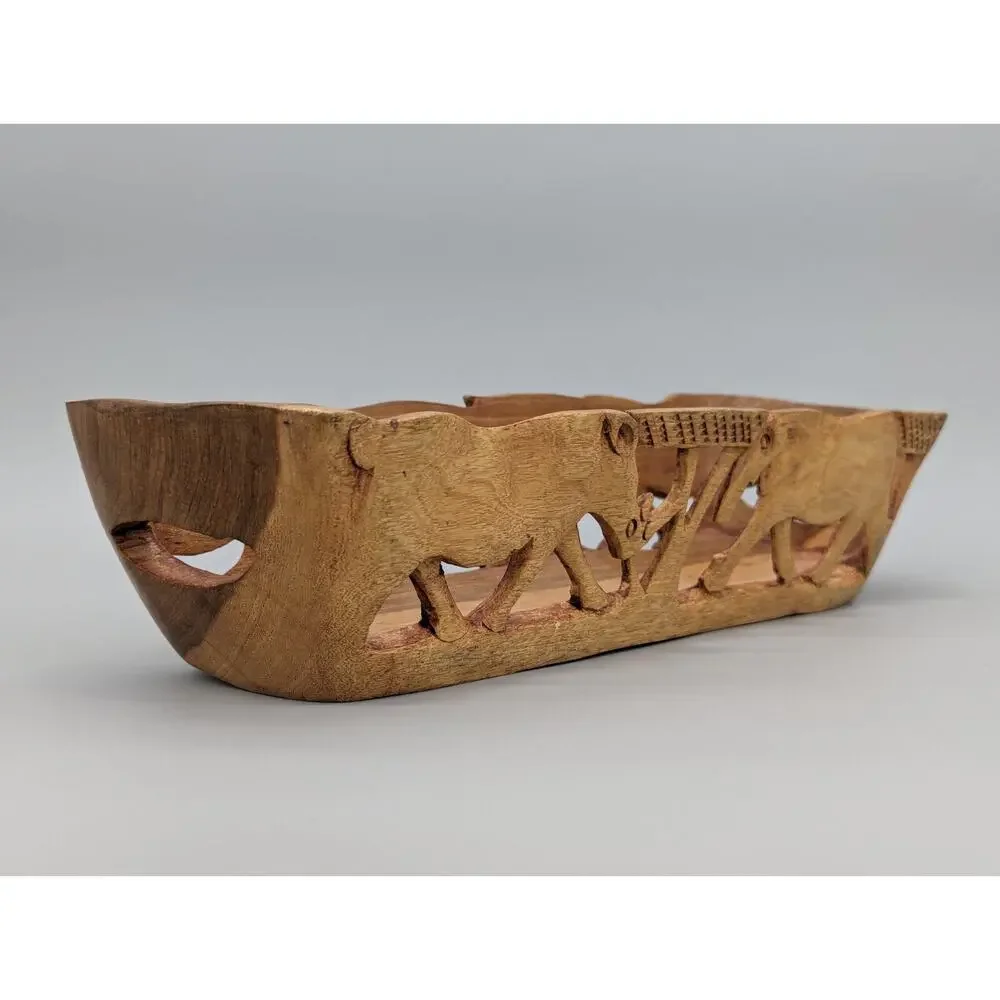 Safari African Hand Carved Wood Fruit Food Decorative Basket 14” Vintage